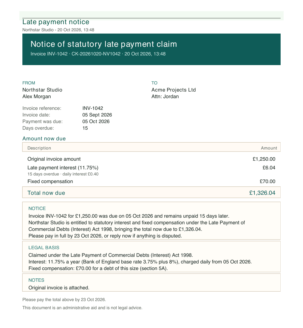 Notice of statutory late payment claim from Northstar Studio to Acme Projects Ltd, stating that invoice INV-1042 remains unpaid and that £1,326.04 is now due, with a pay-by date.