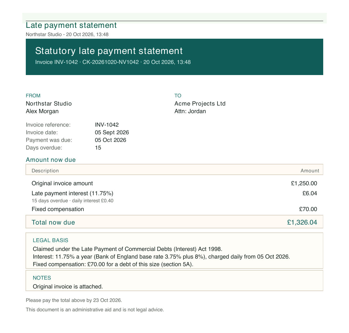 Sample statutory late payment statement showing invoice, interest, fixed compensation and total now due.